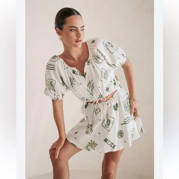 Sabo Milo Dress Relic green Mini Summer waffle knit puff sleeve 6 - Picture 1 of 9